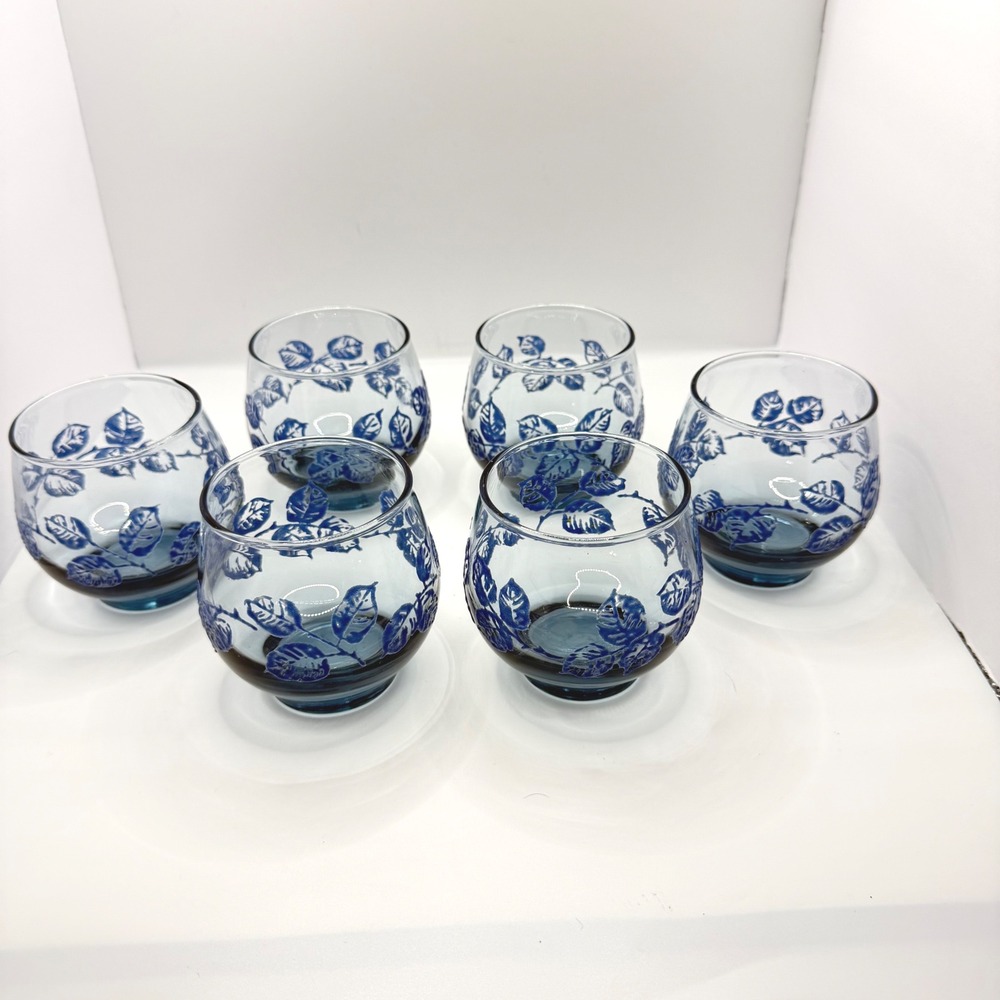 6 Vtg Libbey Blue Leaf Glasses Textured Floral Tumblers 3.5" Mid Century Barware